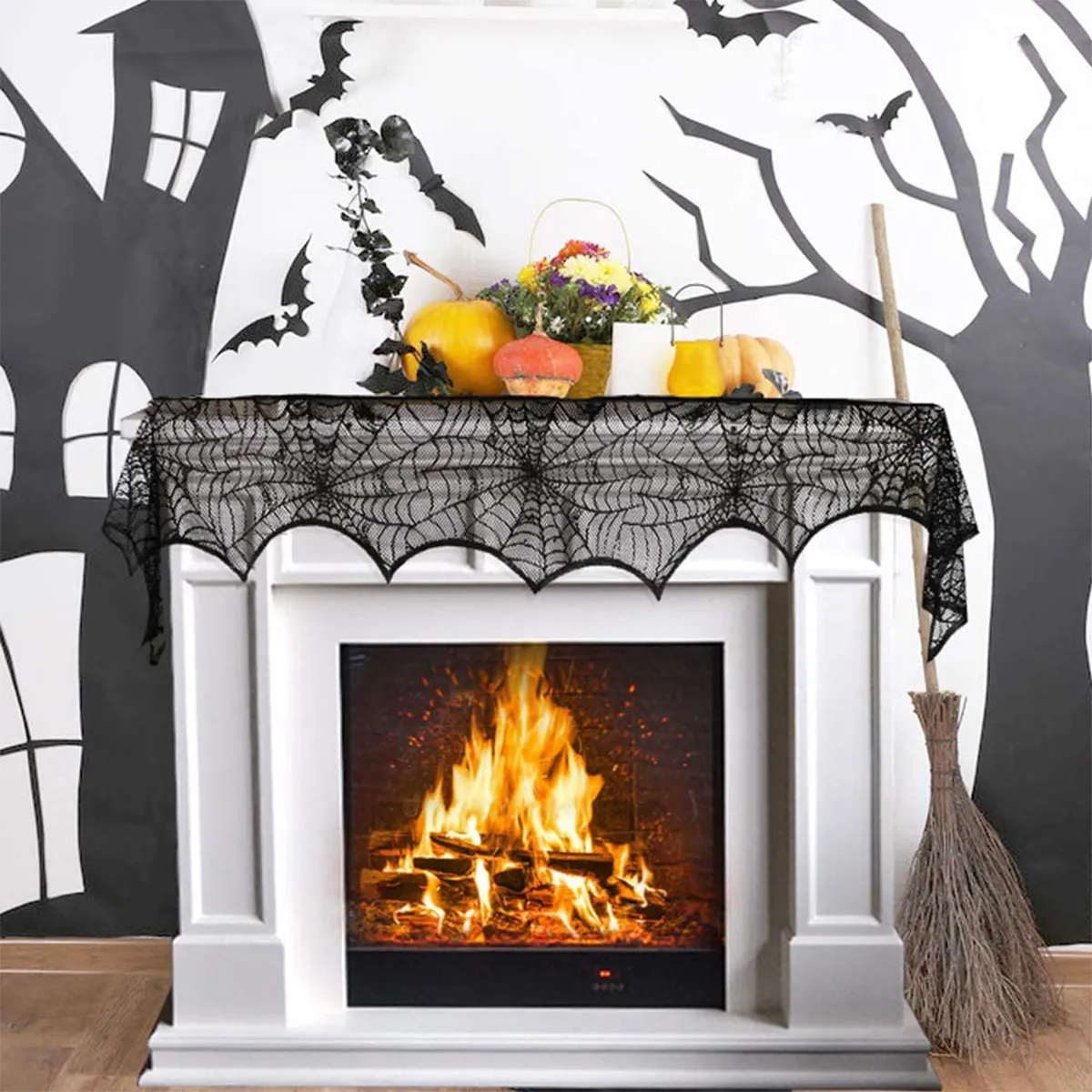 1-pack/3-pack Halloween Cobweb Decorations Spider Web Fireplace Mantel Scarf & Round Table Cover & Tablecloth for Halloween Party Decor Black image 6