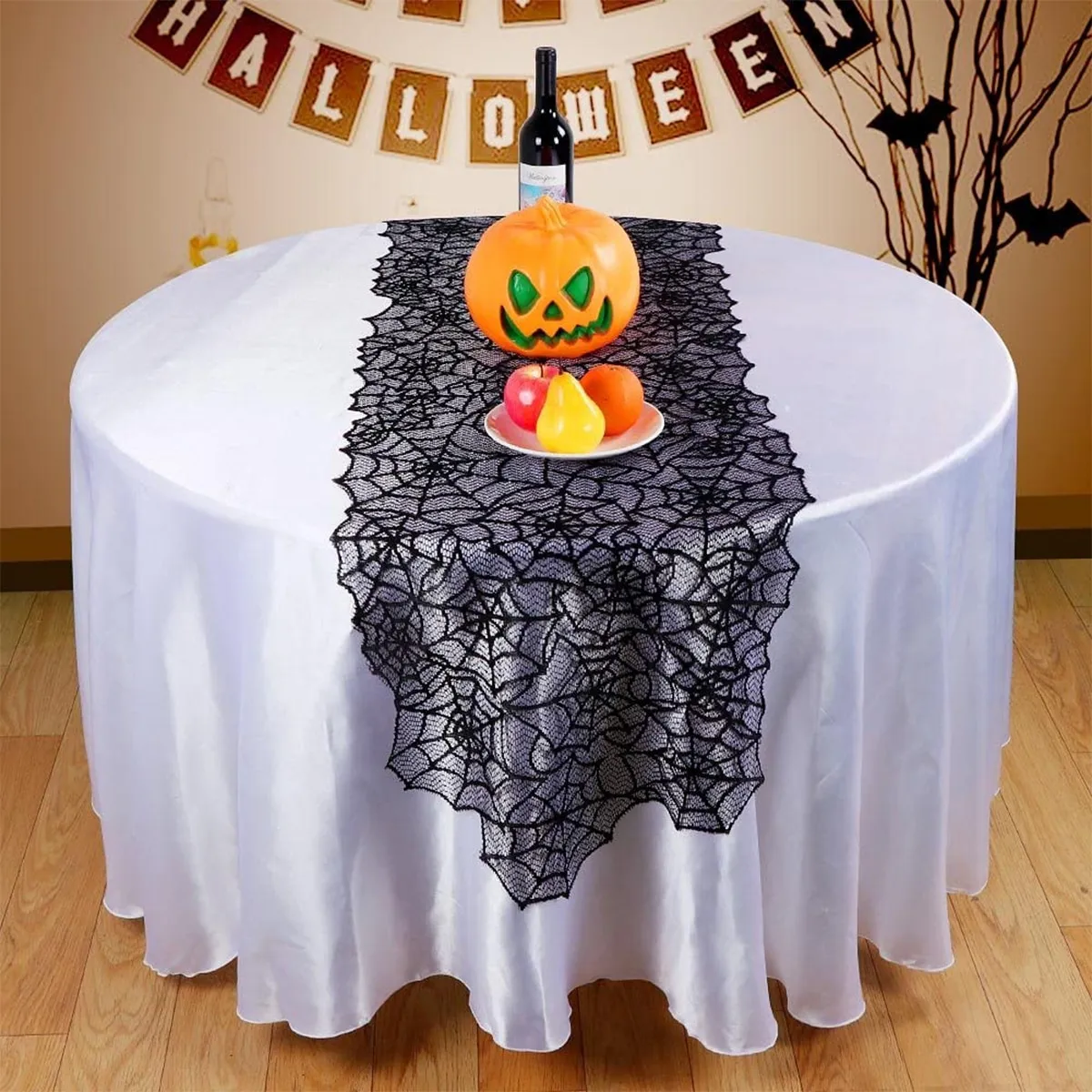 1-pack/3-pack Halloween Cobweb Decorations Spider Web Fireplace Mantel Scarf & Round Table Cover & Tablecloth for Halloween Party Decor Black image 3