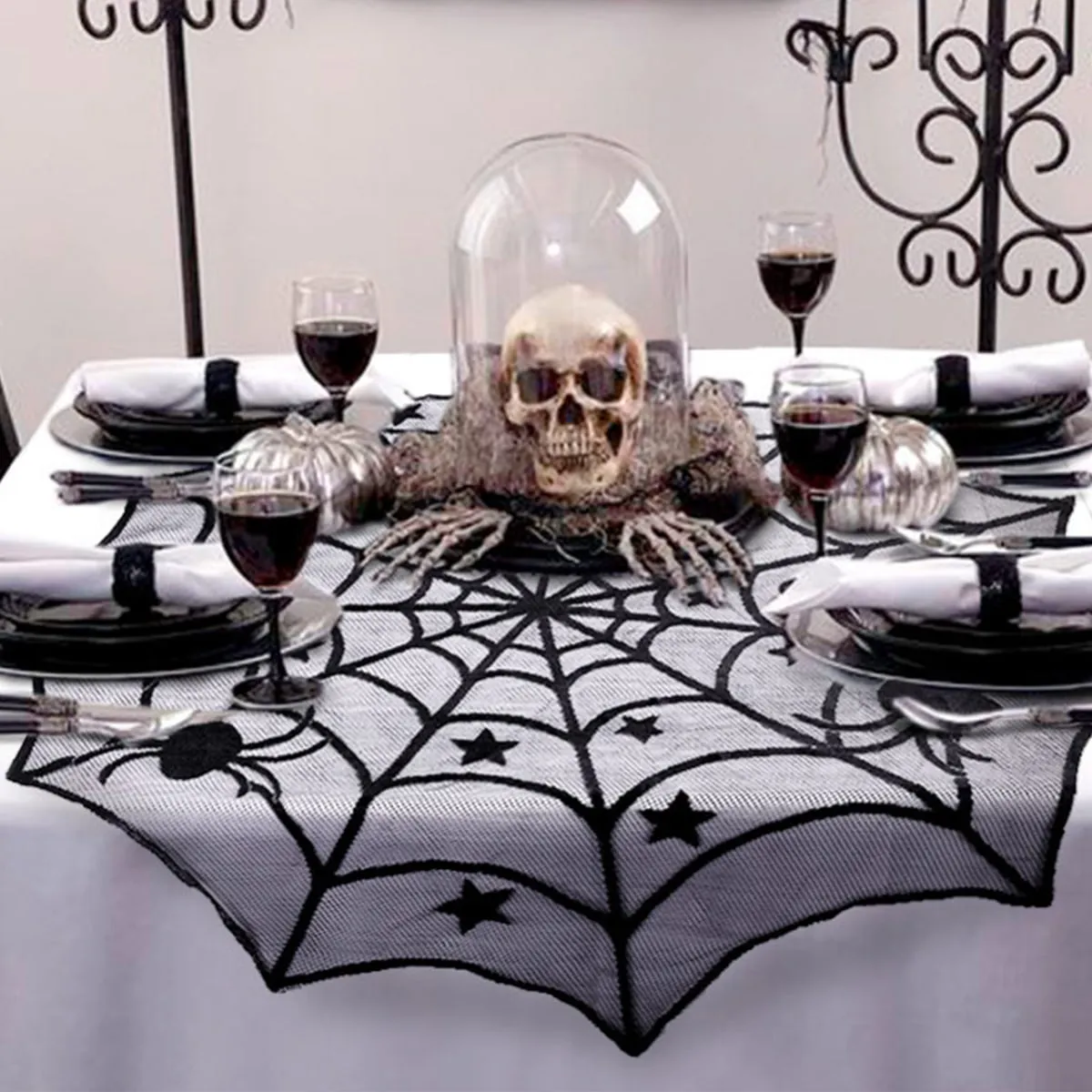 1-pack/3-pack Halloween Cobweb Decorations Spider Web Fireplace Mantel Scarf & Round Table Cover & Tablecloth for Halloween Party Decor Black image 4