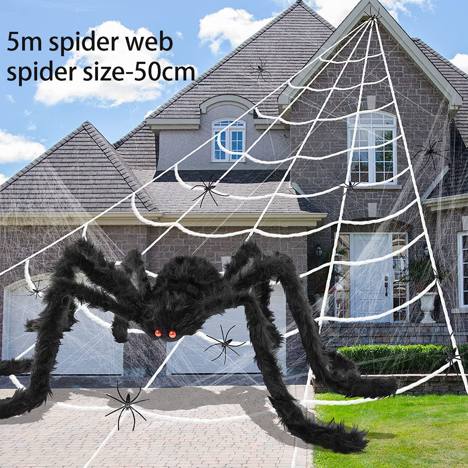 10 件裝萬聖節戶外蜘蛛裝飾套裝三角形巨型蜘蛛網帶大型假毛蜘蛛 20 英寸和 2 個小蜘蛛道具裝飾派對用品