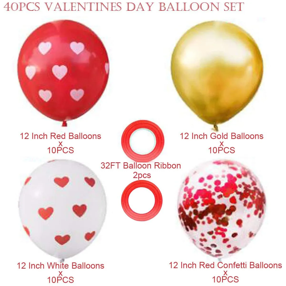 

40pcs Valentines Day Decorations Party Balloons Kit Heart Printed Balloons Confetti Balloons with Balloon Ribbon Party Supplies Decorations