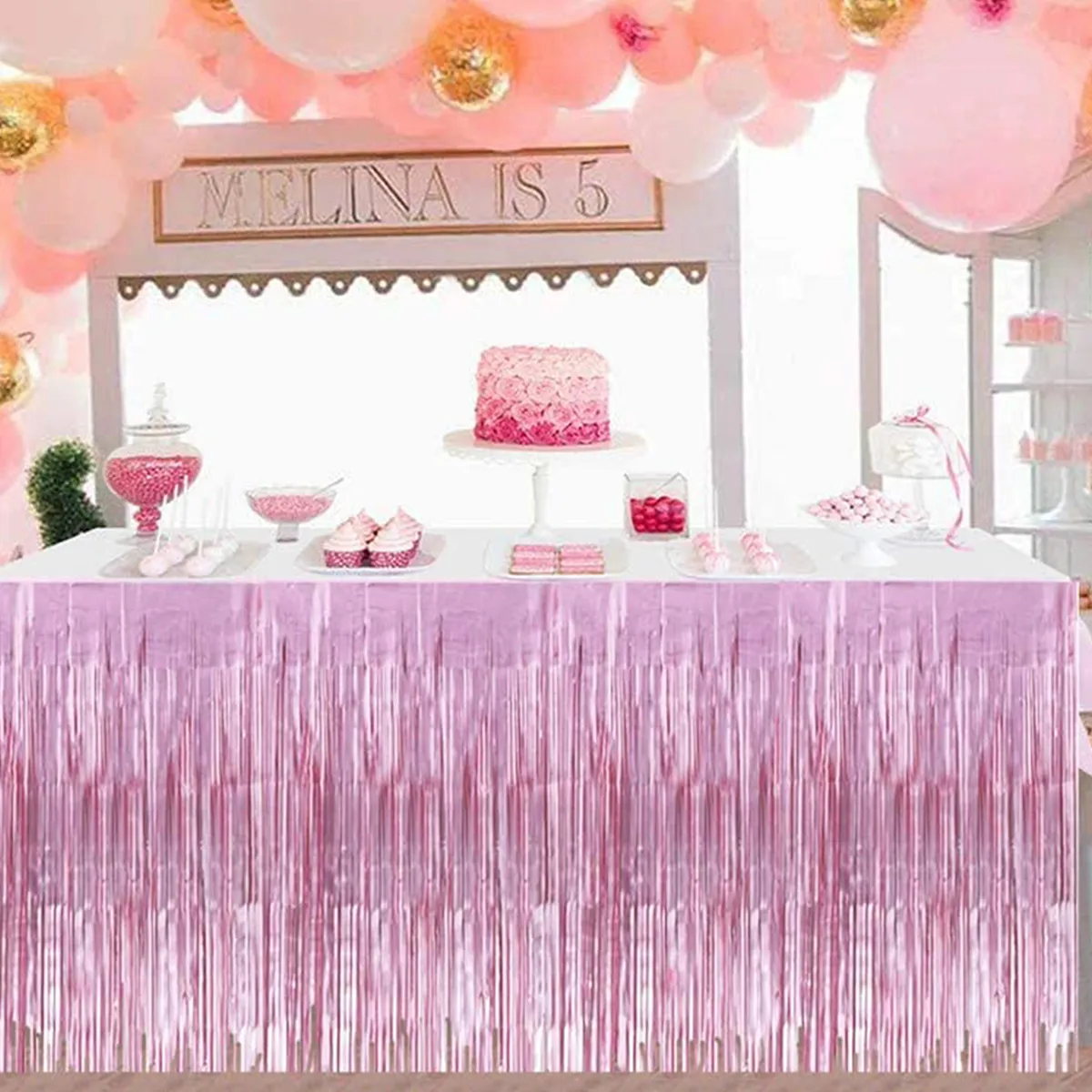 Fringe Table Skirt for Rectangle Tables Hotel Banquet Parade Floats Mardi Gras Bridal Shower Wedding Party Decoration Pink big image 1