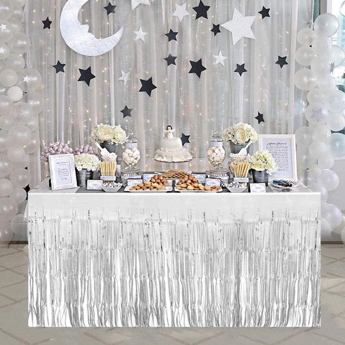 

Fringe Table Skirt for Rectangle Tables Hotel Banquet Parade Floats Mardi Gras Bridal Shower Wedding Party Decoration