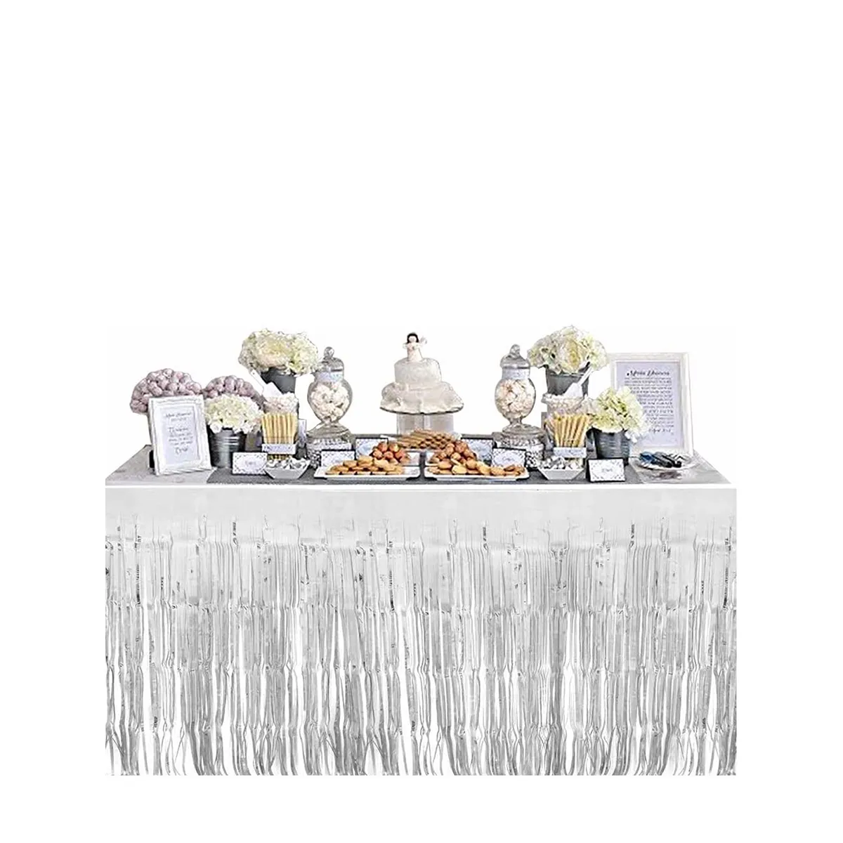 falda de mesa con flecos para mesas rectangulares desfile de banquetes de hotel carrozas mardi gras despedida de soltera decoración para fiesta de boda Plata big image 1