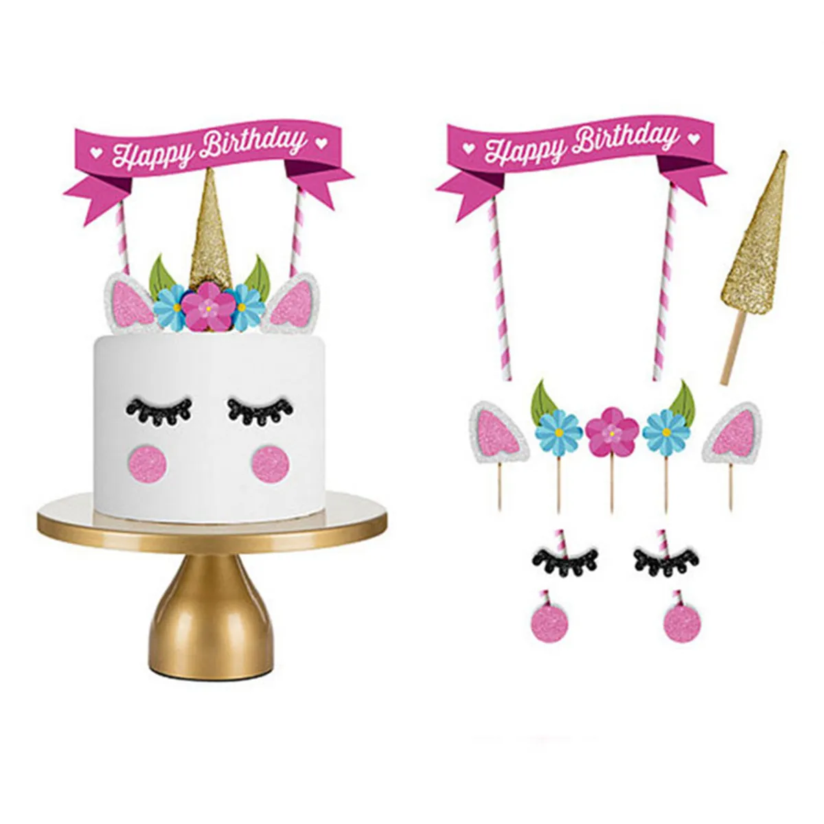 Unicorn Cake Toppers Handmade Birthday Party Cake Decorating Supplies with Eyelashes and Stackable Reusable Gold Horns