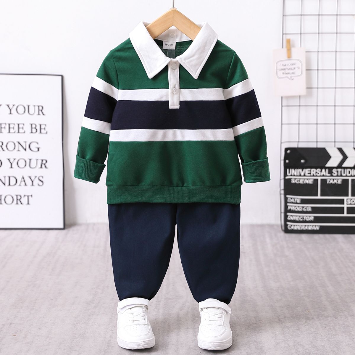 

2pcs Toddler Boy Preppy style Stripe Polo Sweatshirt and Pants Set