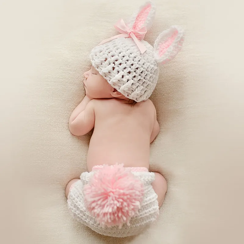 2pcs Baby Knitting Rabbit Shape Newborn Photography Pros Hat and Shorts Set White big image 1
