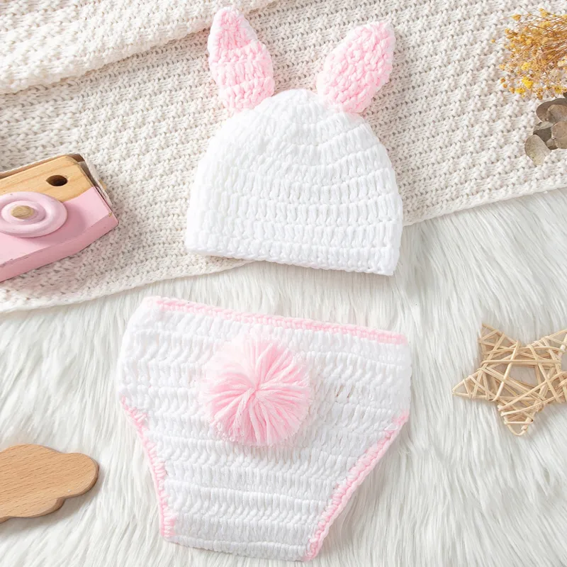 2pcs Bebé tejiendo conejo forma recién nacido fotografía profesionales sombrero y pantalones cortos conjunto Blanco big image 1