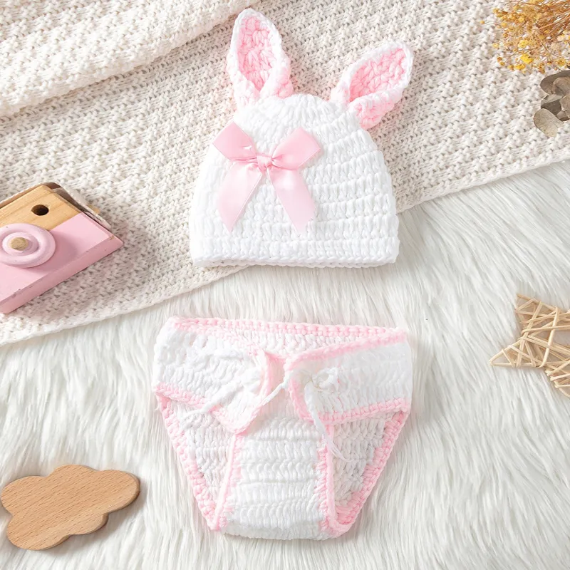 2pcs Baby Knitting Rabbit Shape Newborn Photography Pros Hat and Shorts Set White big image 1