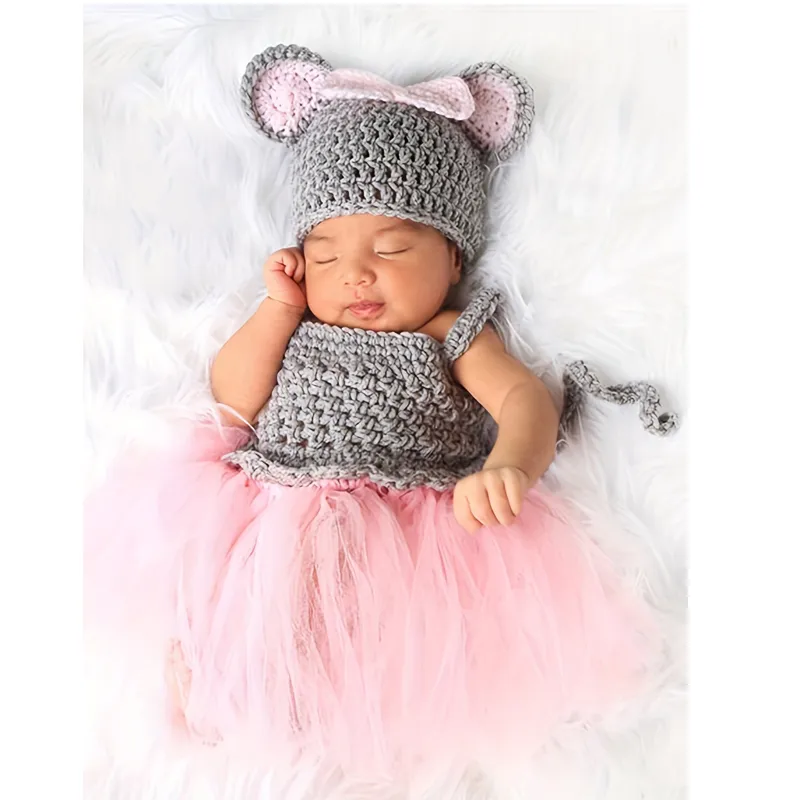 2pcs Newborn Photography Props Baby Girl Knitted Costume Set Light Grey big image 1