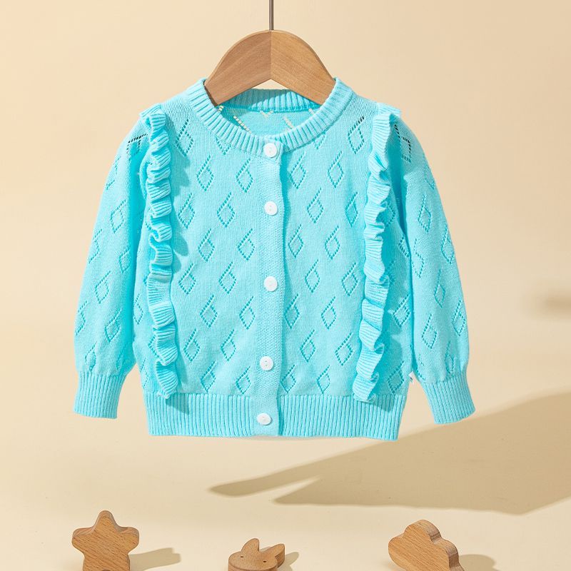 Baby Girl 100% Cotton Hollow Buttons Front Ruffle Long-sleeve Sweater