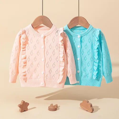 Baby Girl 100% Cotton Hollow Buttons Front Ruffle Long-sleeve Sweater 