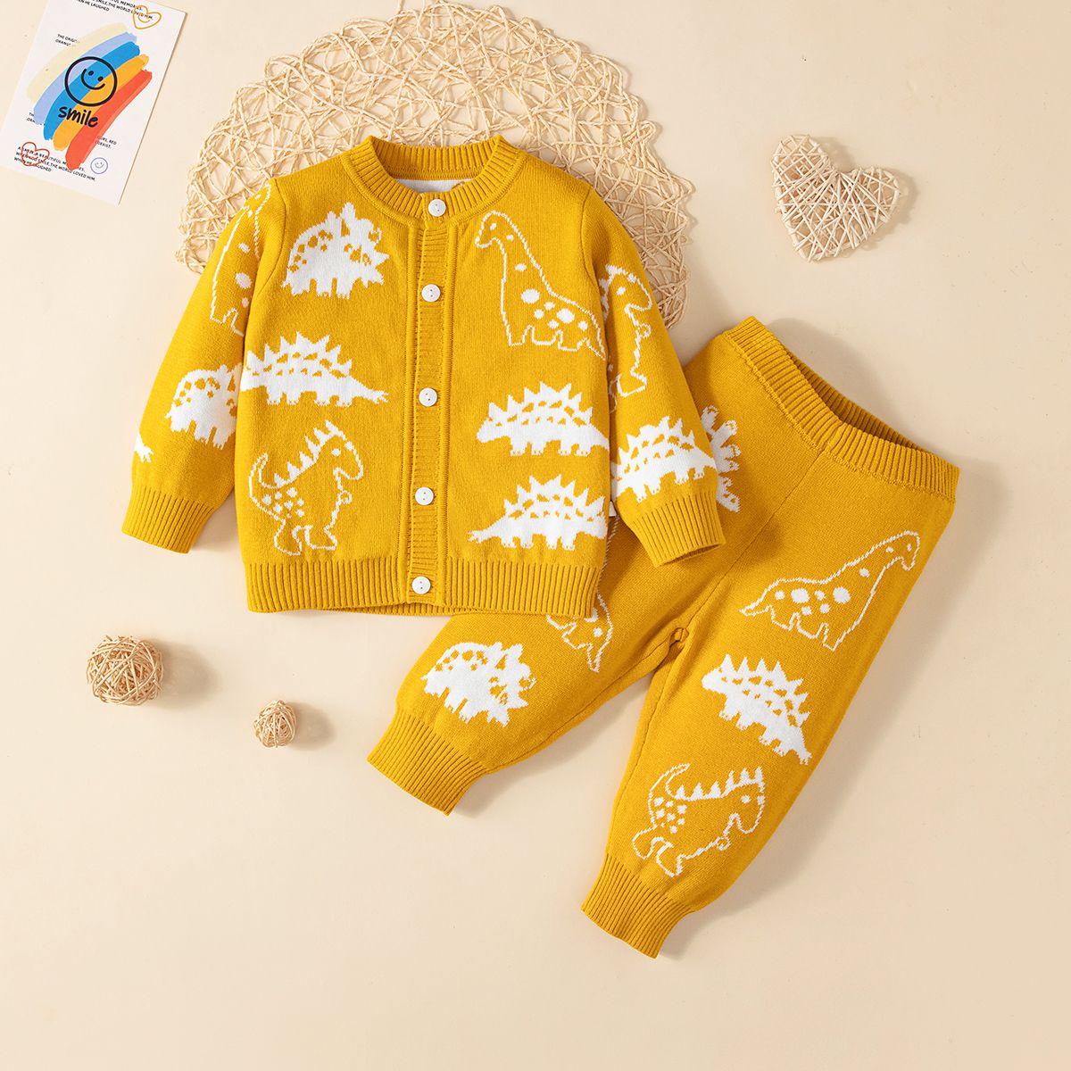 2pcs Baby Boy 100% Cotton Allover Dinosaur Embroidery Buttons Front Long-sleeve Sweater And Pants Set