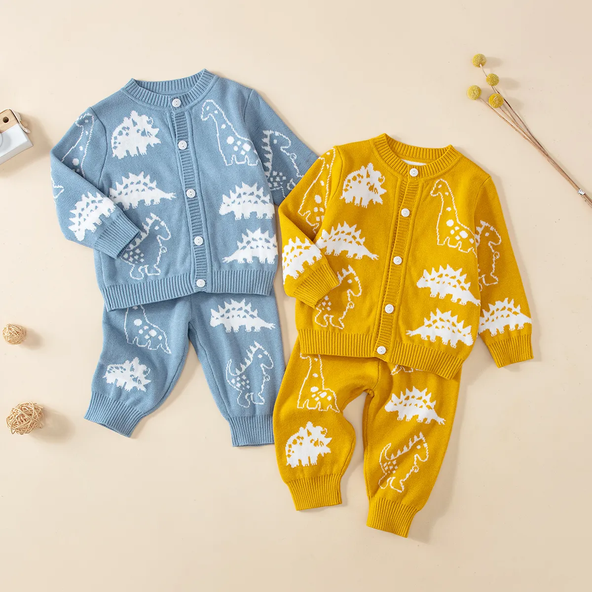 2pcs Baby Boy 100% Cotton Allover Dinosaur Embroidery Buttons Front Long-sleeve Sweater and Pants Set