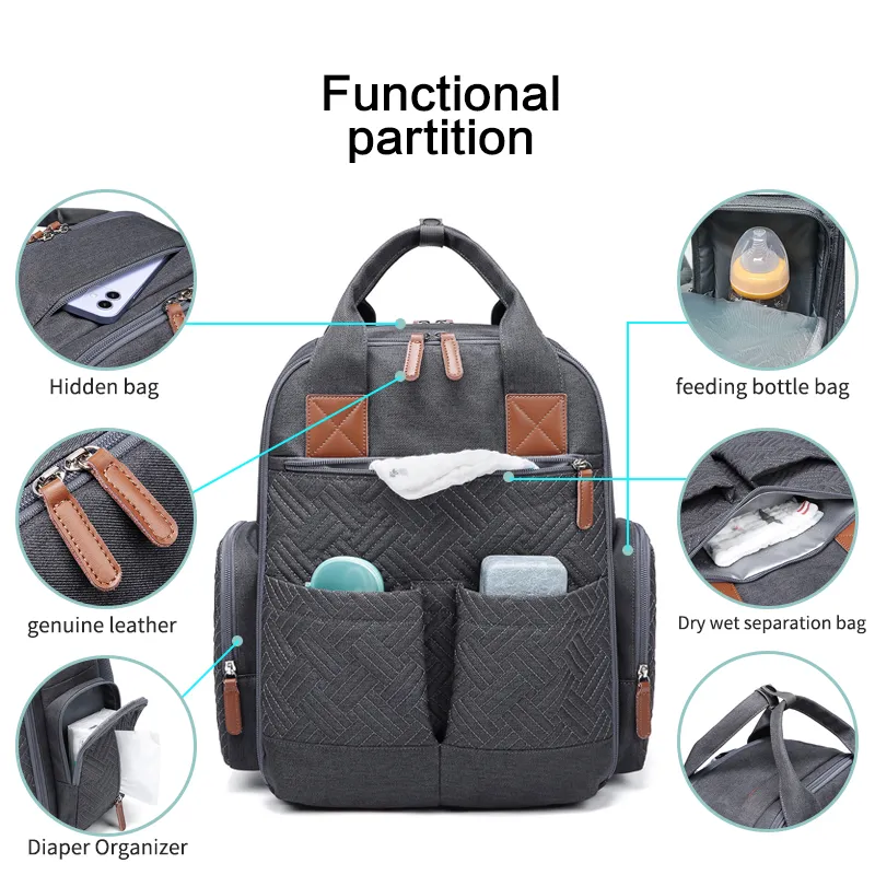 Embroidered Diaper Bag Backpack Mom Bag Multifunction Travel Handle Back Pack Large Capacity Lightweight Baby Changing Backpack with Stroller Buckle Dark Grey big image 1