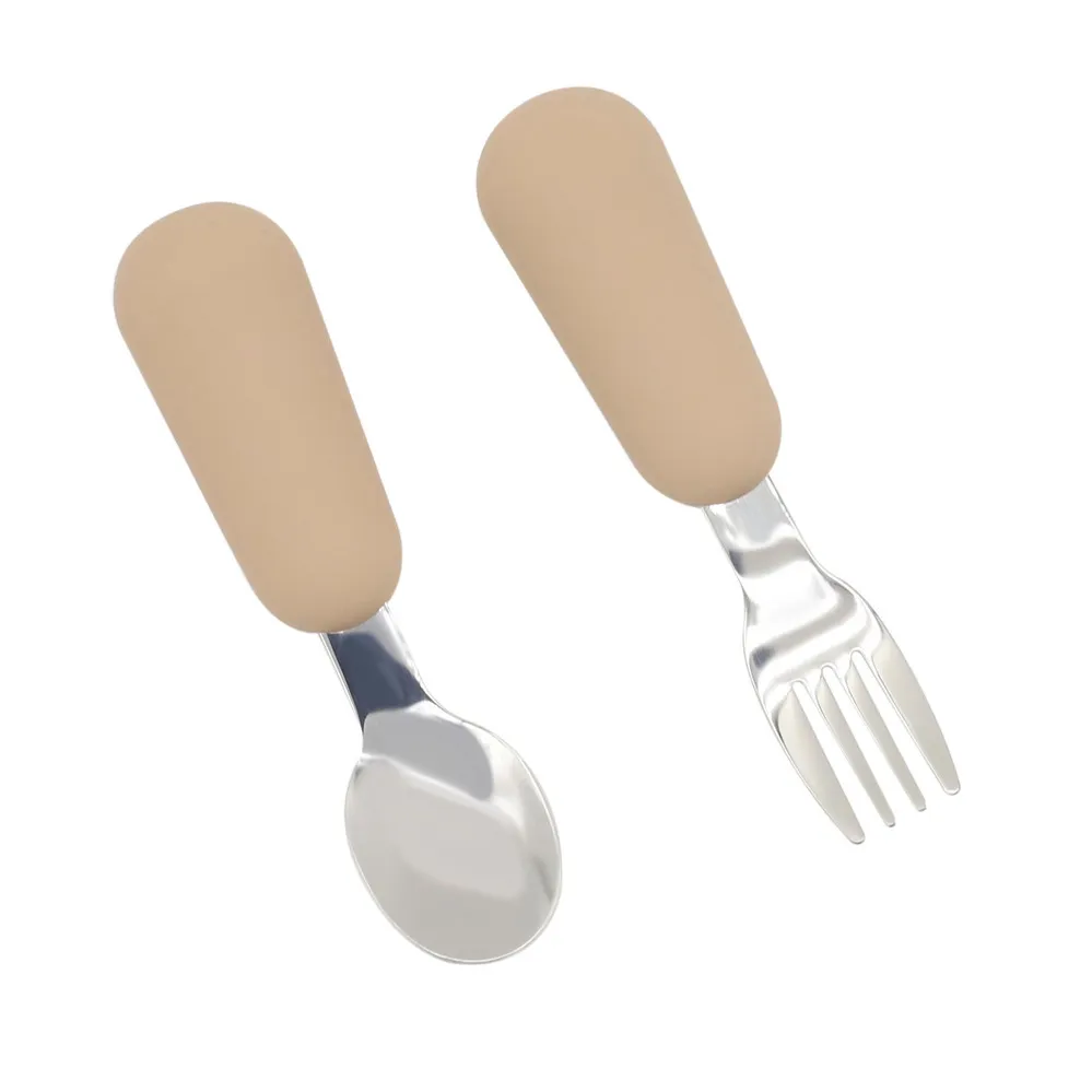 Stainless Steel Spoon Fork Set Silicone Handle Toddler Feeding Dinnerware Utensils Set Khaki big image 1