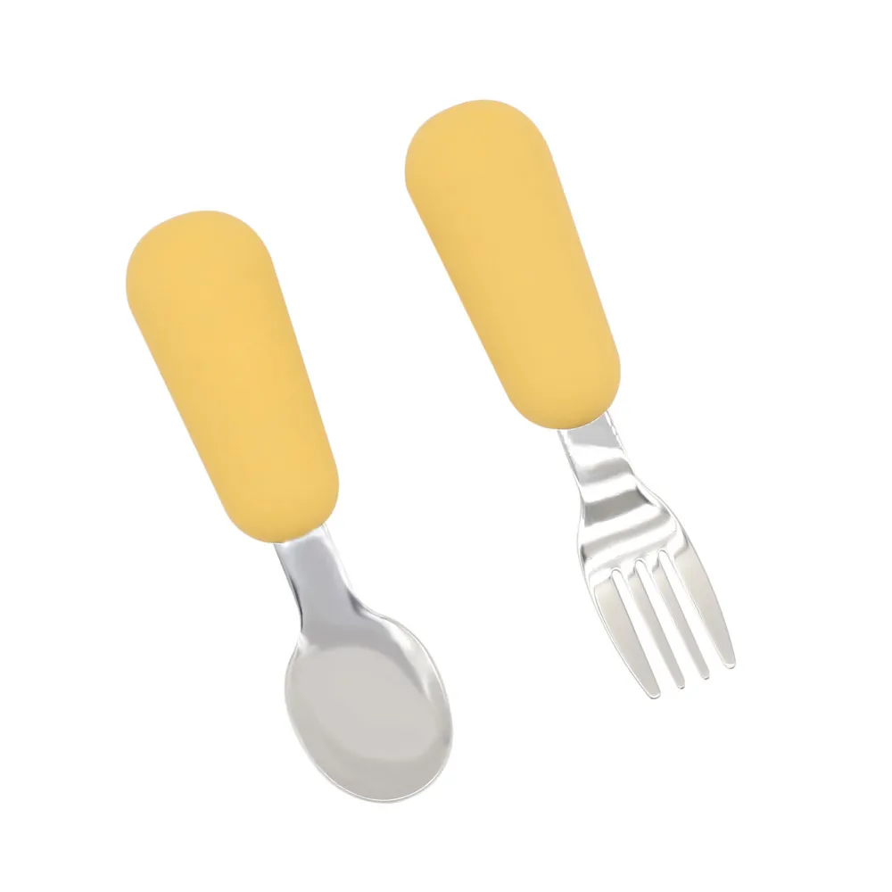 Stainless Steel Spoon Fork Set Silicone Handle Toddler Feeding Dinnerware Utensils Set