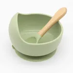 2 قطعة وعاء شفط من السيليكون للأطفال وملعقة بمقبض خشبي لأدوات المائدة للأطفال الصغار مجموعة أواني ذاتية التغذية للتدريب الذاتي أخضر باهت