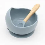 2 pçs tigela de sucção de silicone para bebê e colher com alça de madeira pratos de talheres para bebê criança conjunto de utensílios de auto-alimentação para auto-treinamento Azul
