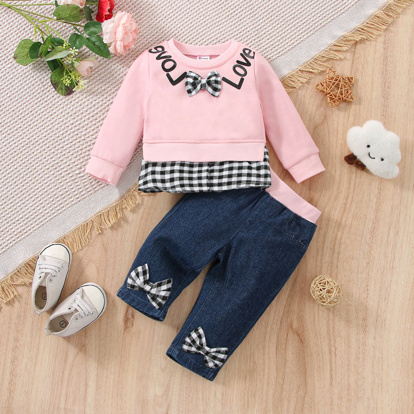 

2pcs Baby Girl Bow Front Plaid Hem Faux-two Long-sleeve Letter Print Sweatshirt and Jeans Set