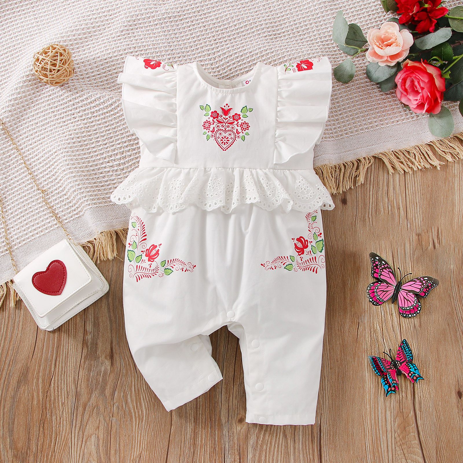 

Baby Girl 100% Cotton Floral Print Ruffle Trim Sleeveless Romper