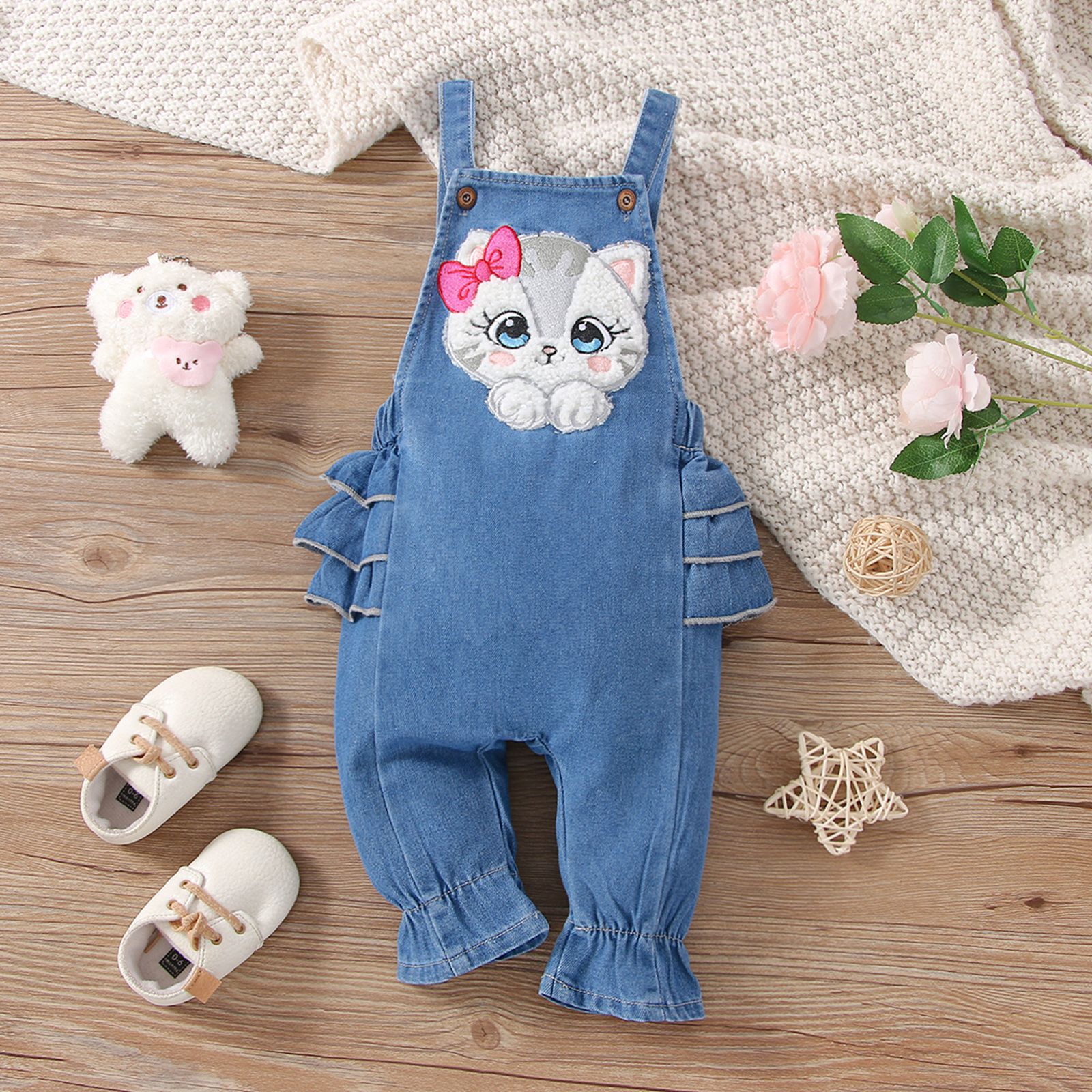 

Baby Girl Cat Graphic Layered Ruffle Trim Denim Overalls