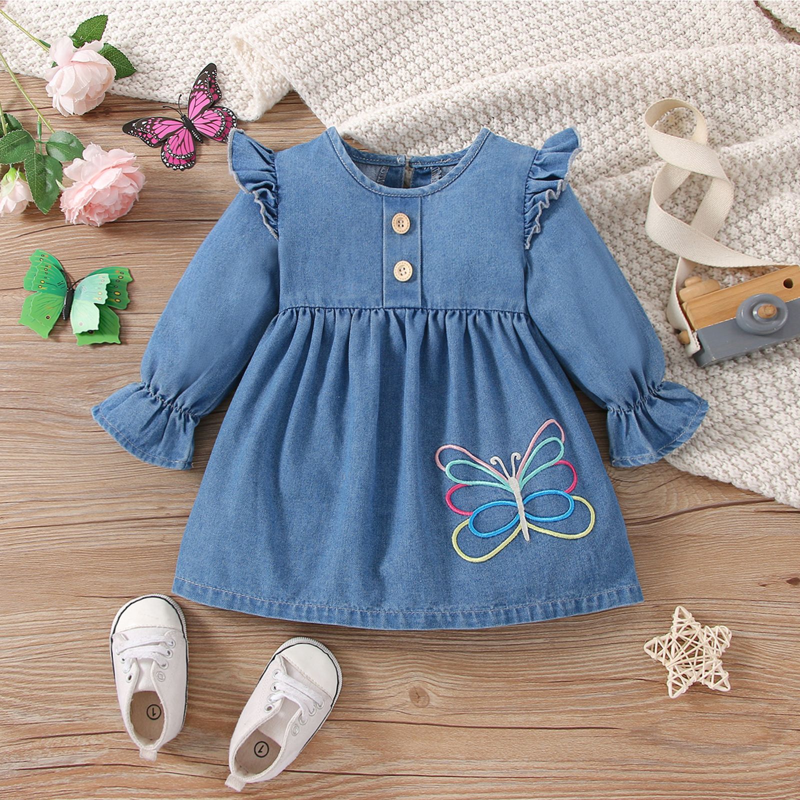 

Baby Girl Butterfly Embroidered Ruffle Trim Long-sleeve Denim Dress