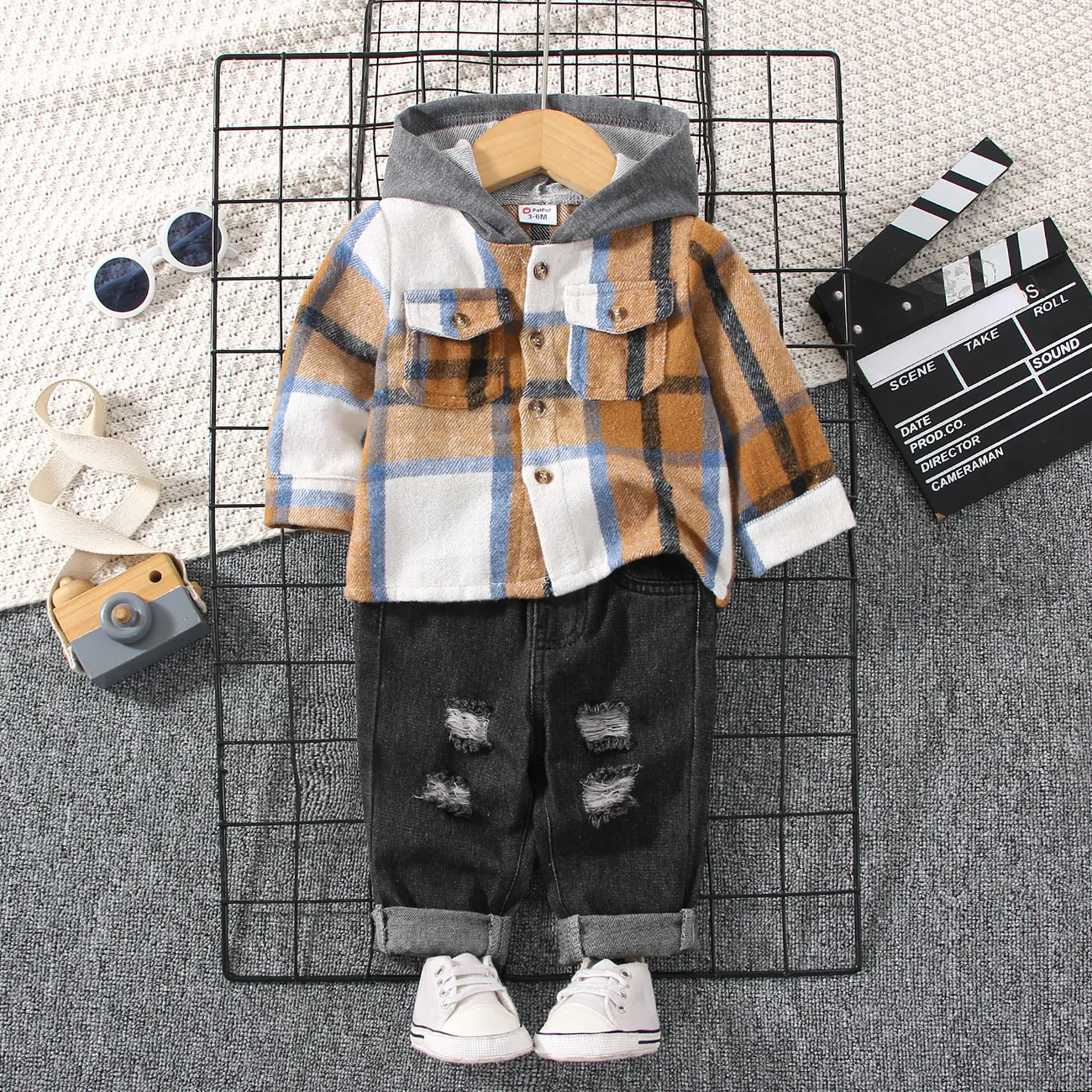 2pcs Baby Boy Long-sleeve Hooded Plaid Jacket and Ripped Jeans Set Bluish Grey big image 1