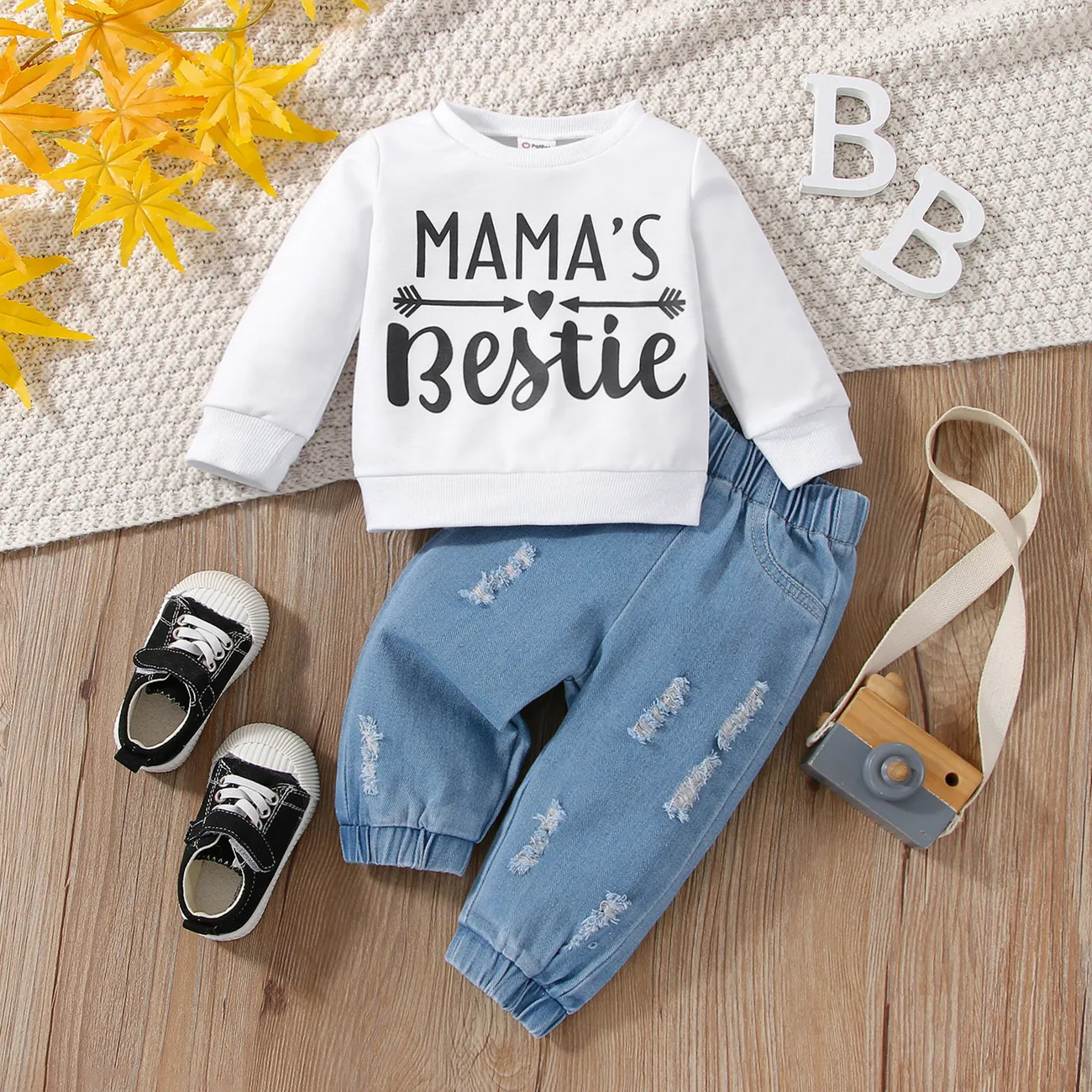 2pcs Baby Girl Letter Print Long-sleeve Sweatshirt and Ripped Jeans Set Blue big image 1