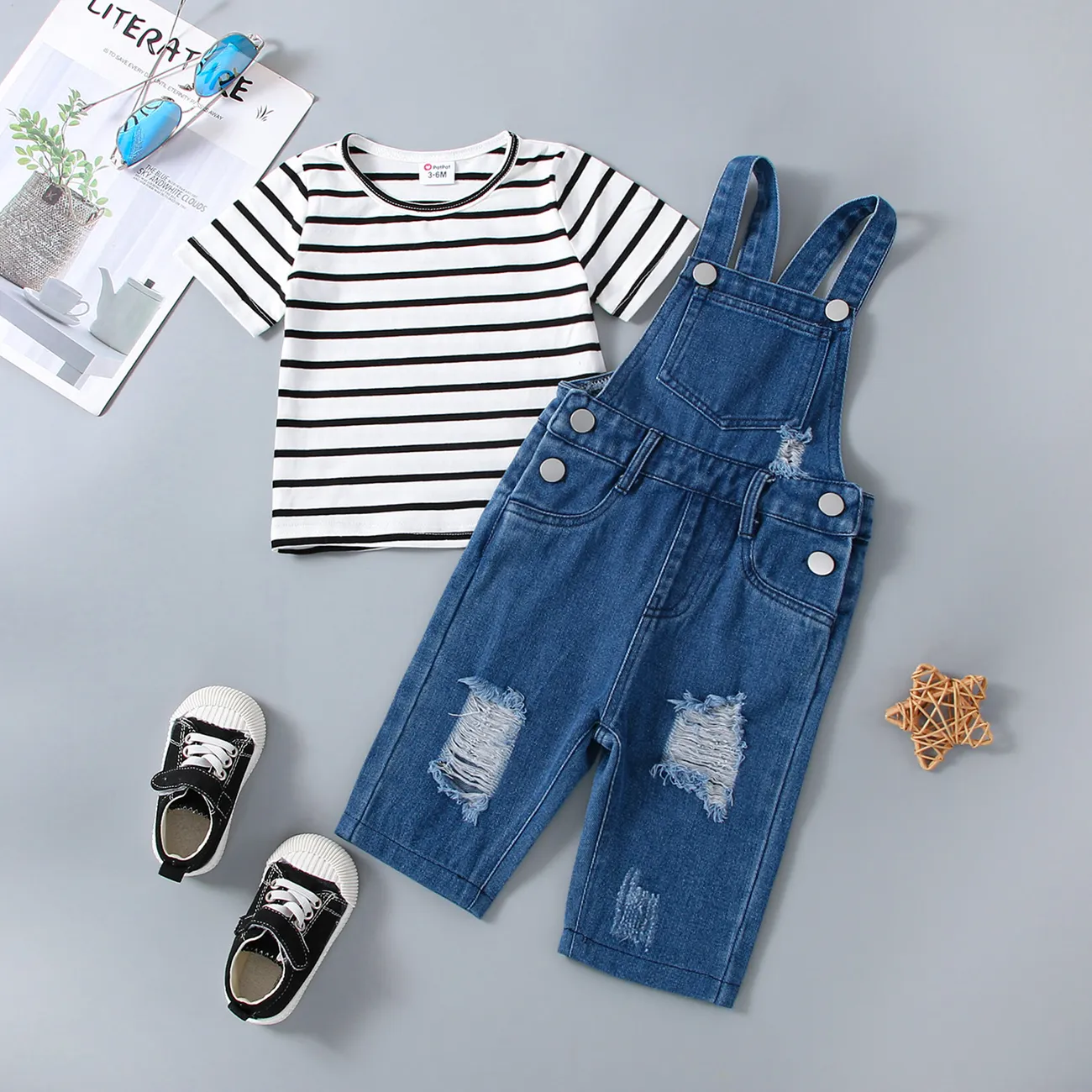 2pcs Baby Boy/Girl Short-sleeve Striped Tee and Ripped Denim Overalls Set Blue big image 1