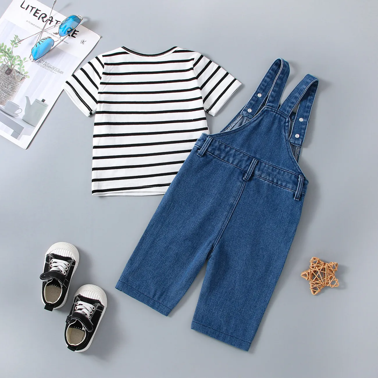 2pcs Baby Boy/Girl Short-sleeve Striped Tee and Ripped Denim Overalls Set Blue big image 1
