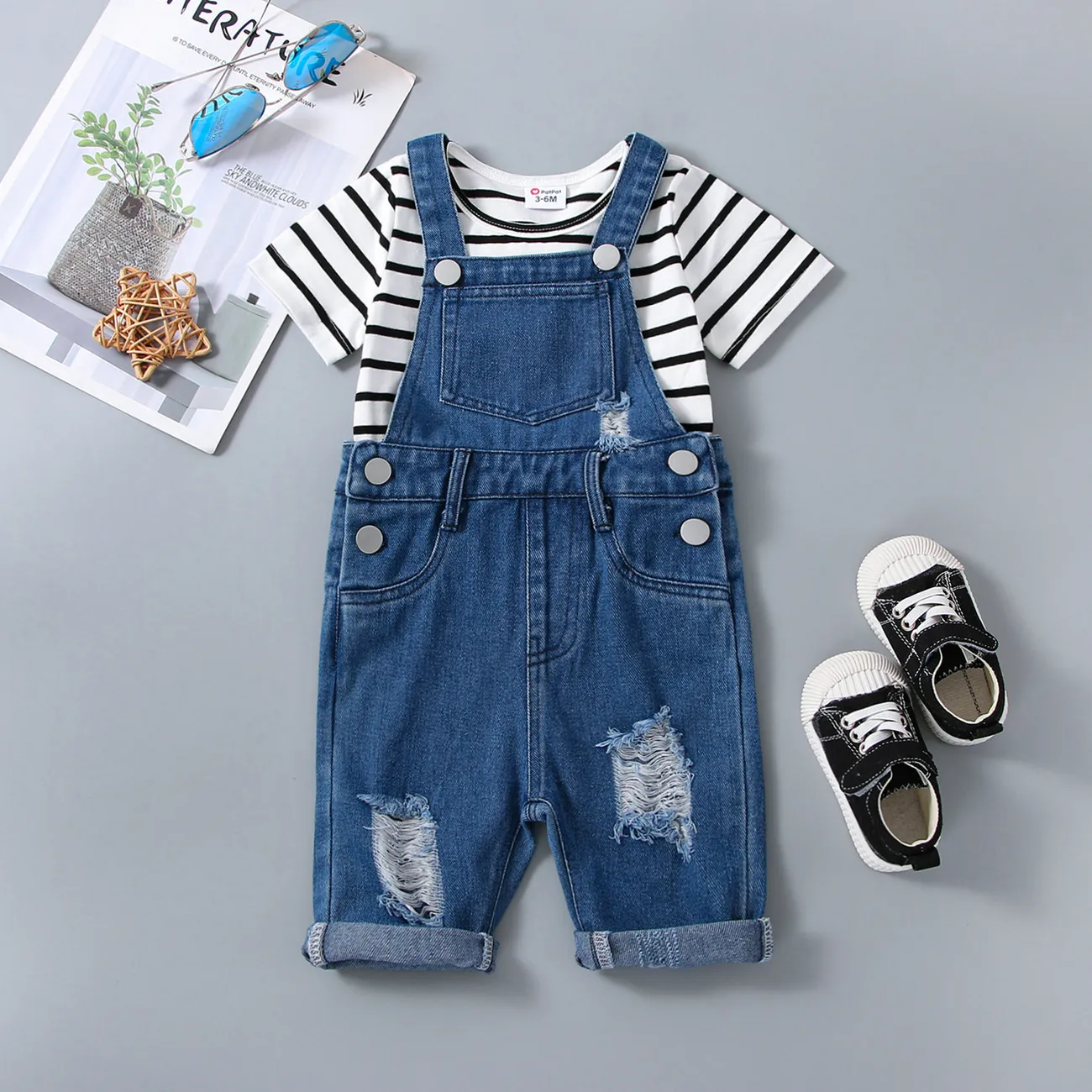 2pcs Baby Boy/Girl Short-sleeve Striped Tee and Ripped Denim Overalls Set  big image 1