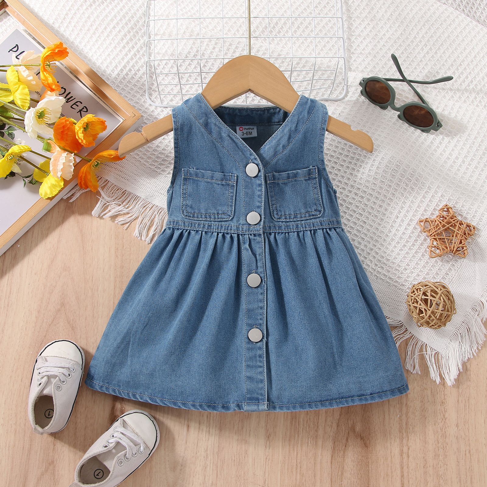 Baby Girl Button Front Sleeveless Denim Dress