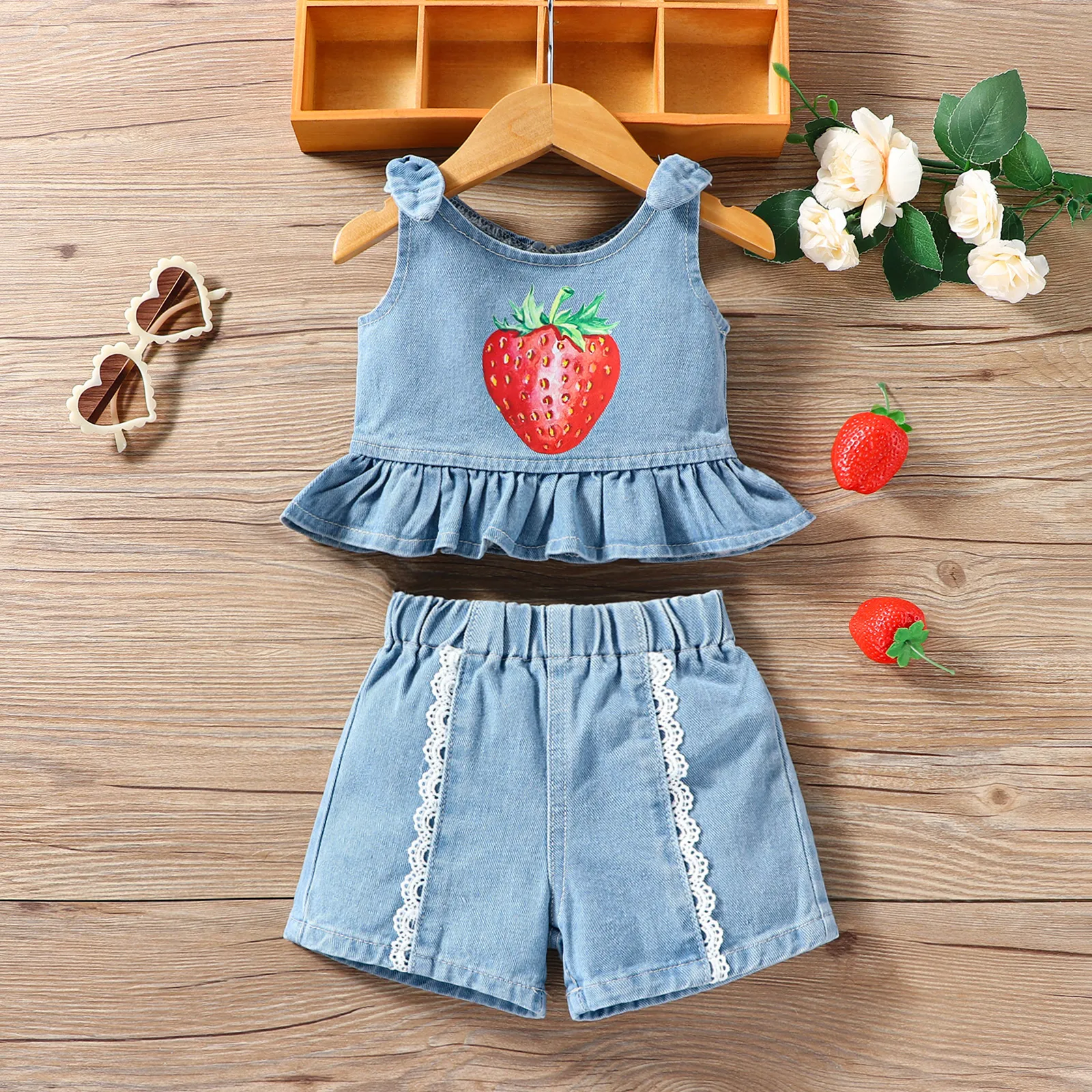2pcs Baby Girl Strawberry Print Ruffled Denim Tank Top and Lace Trim Denim Shorts Set