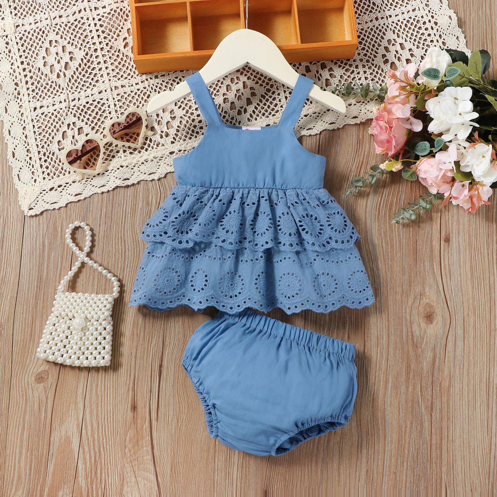 

2pcs Baby Girl 100% Cotton Eyelet Solid Strappy Dress and Shorts Set