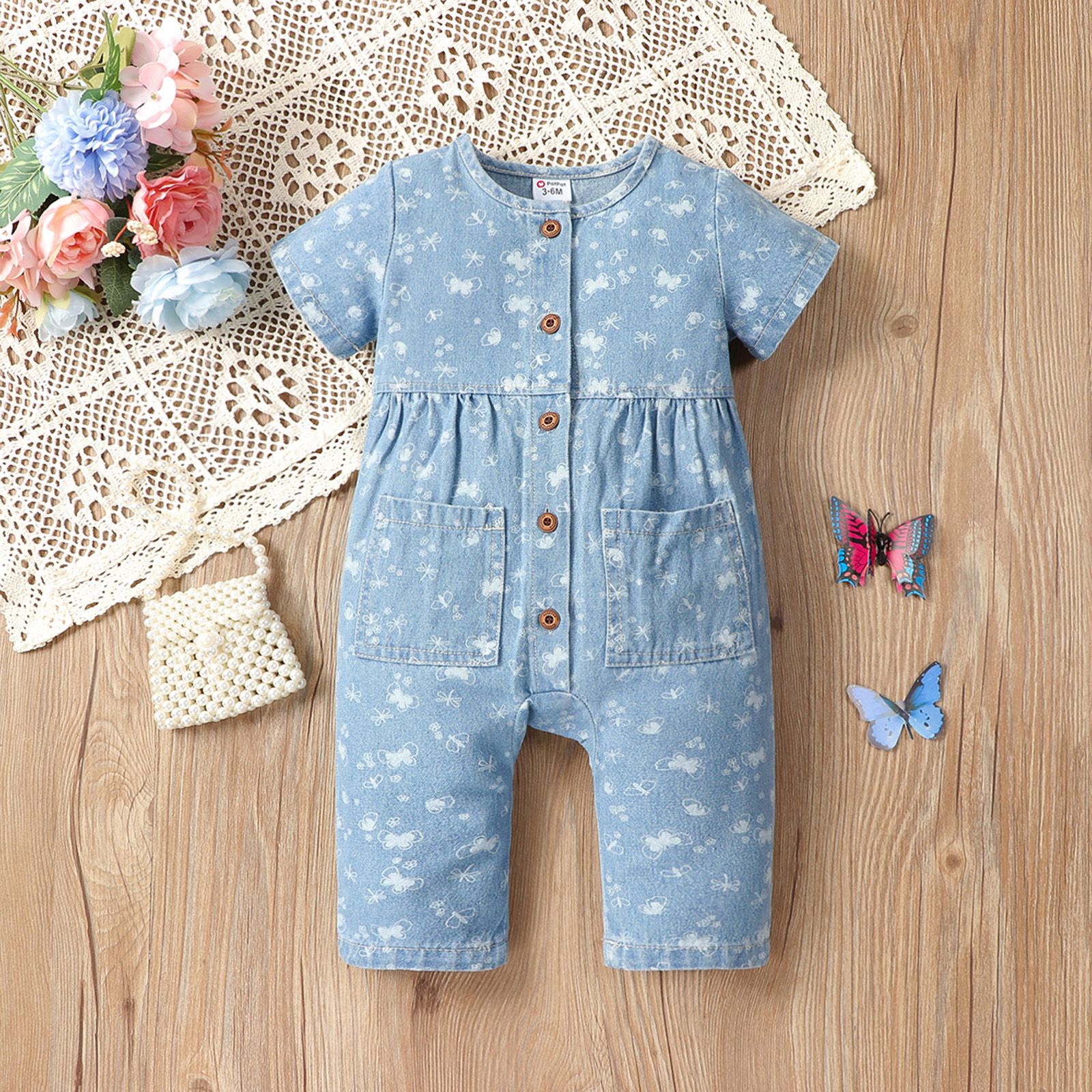Baby Girl Allover Butterfly Print Short-sleeve Button Placket Denim Jumpsuit