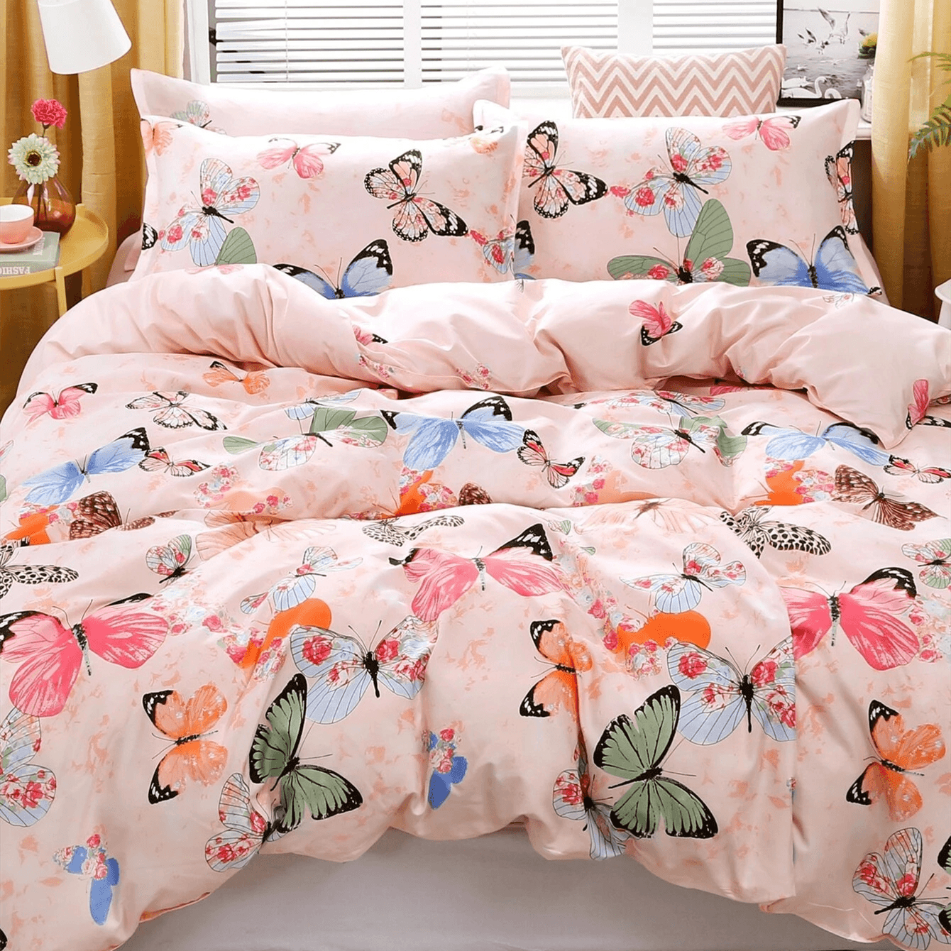 

3 Piece Girls Duvet Cover Set 1 Duvet Cover & 2 Pillow Cases Pink Butterfly Print Bedding Set