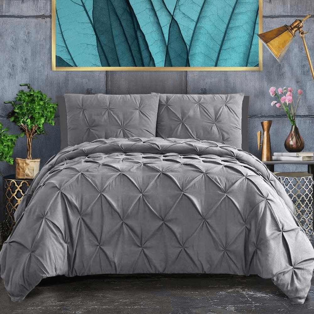 

3 Piece Dark Grey Pinch Pleated Design Duvet Cover Set 1 Duvet Cover & 2 Pillow Cases Luxury Bedding Set