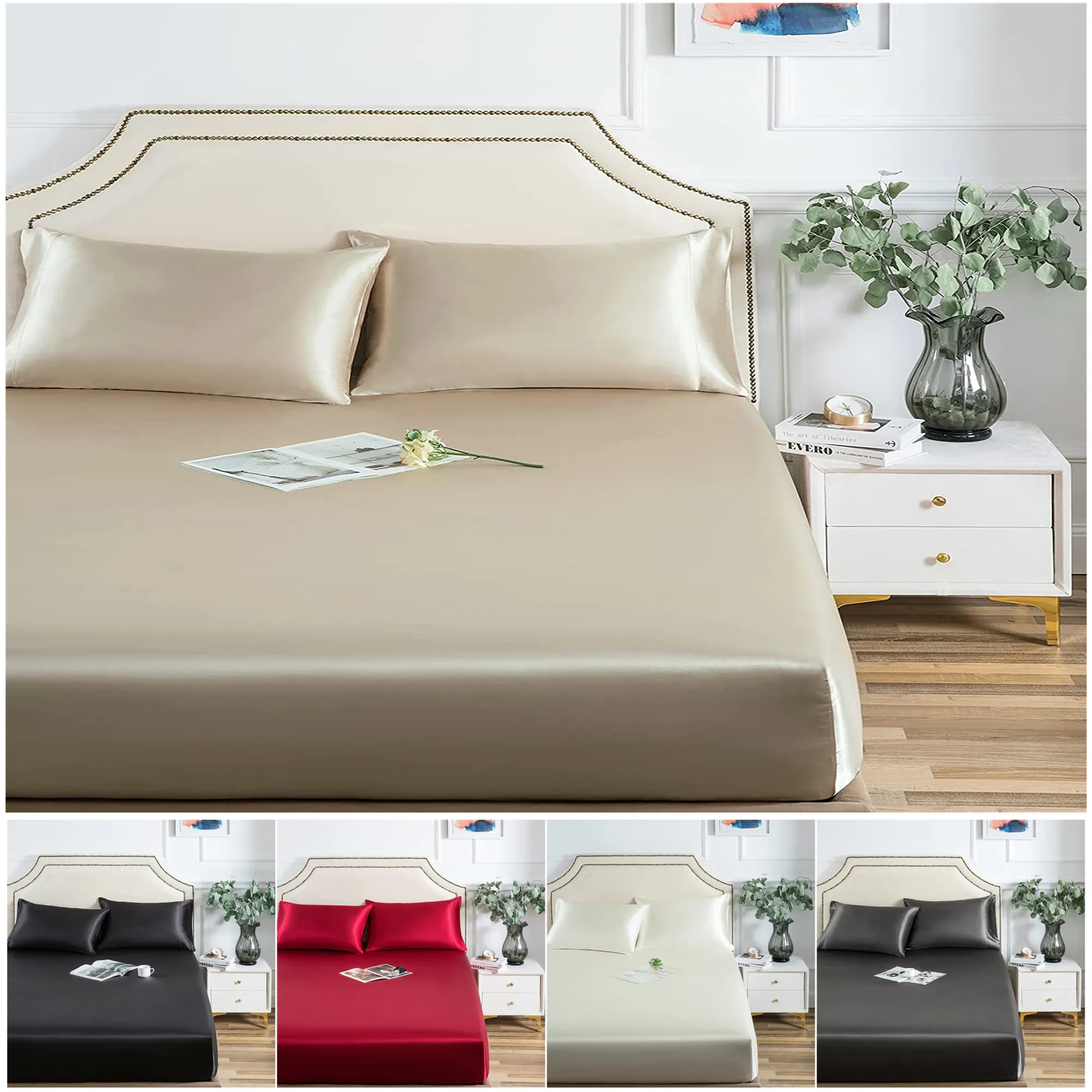 Satin Mattress Protector Non-slip Artificial Satin Silk Mattress Pad Cover Soft Wrinkle Free Fitted Bed Sheet