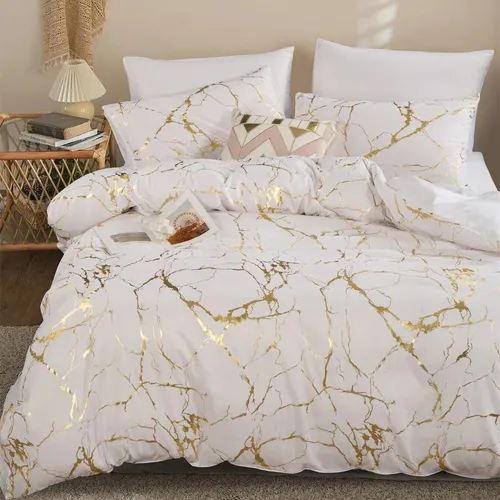 3 Piece Bronzing Marble Duvet Cover Set Soft Comforter Cover 1 Duvet Cover & 2 Pillowcases Gold Foil Print Glitter Bedding Set