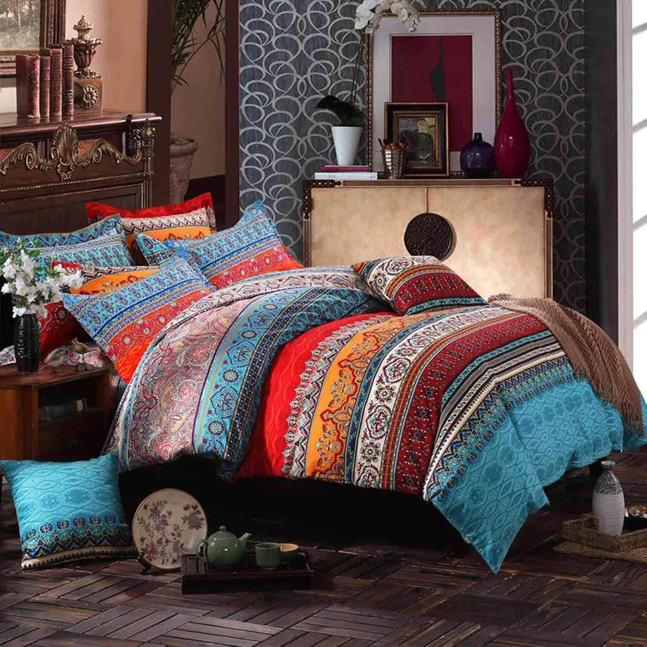 3 Piece Boho Bedding Set 1 Bohemian Design Duvet Cover & 2 Pillow Cases Multi-color big image 1
