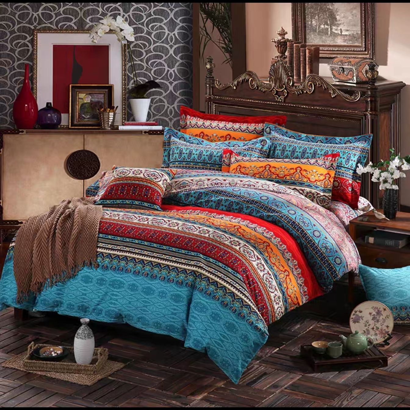 3 Piece Boho Bedding Set 1 Bohemian Design Duvet Cover & 2 Pillow Cases