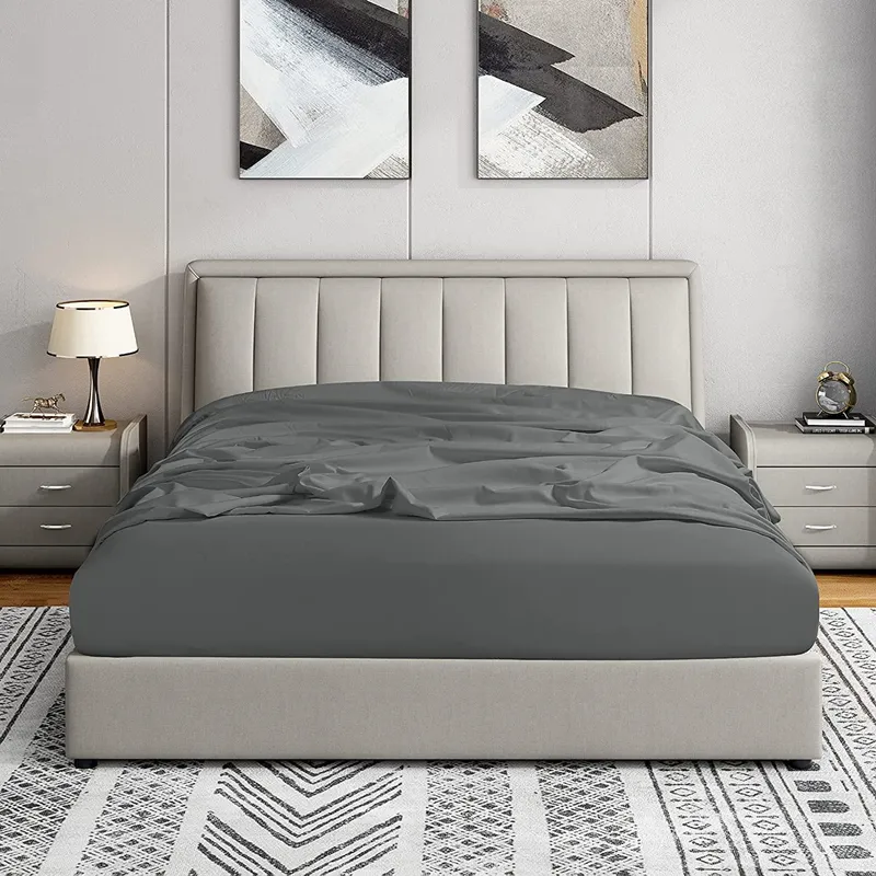 100% Cotton Deep Fitted Sheet Minimalist Plain Non-Slip Soft Comfort Mattress Protector Dark Grey big image 1