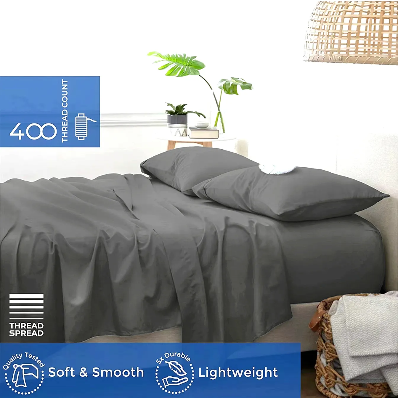 100% Cotton Deep Fitted Sheet Minimalist Plain Non-Slip Soft Comfort Mattress Protector Dark Grey image 6