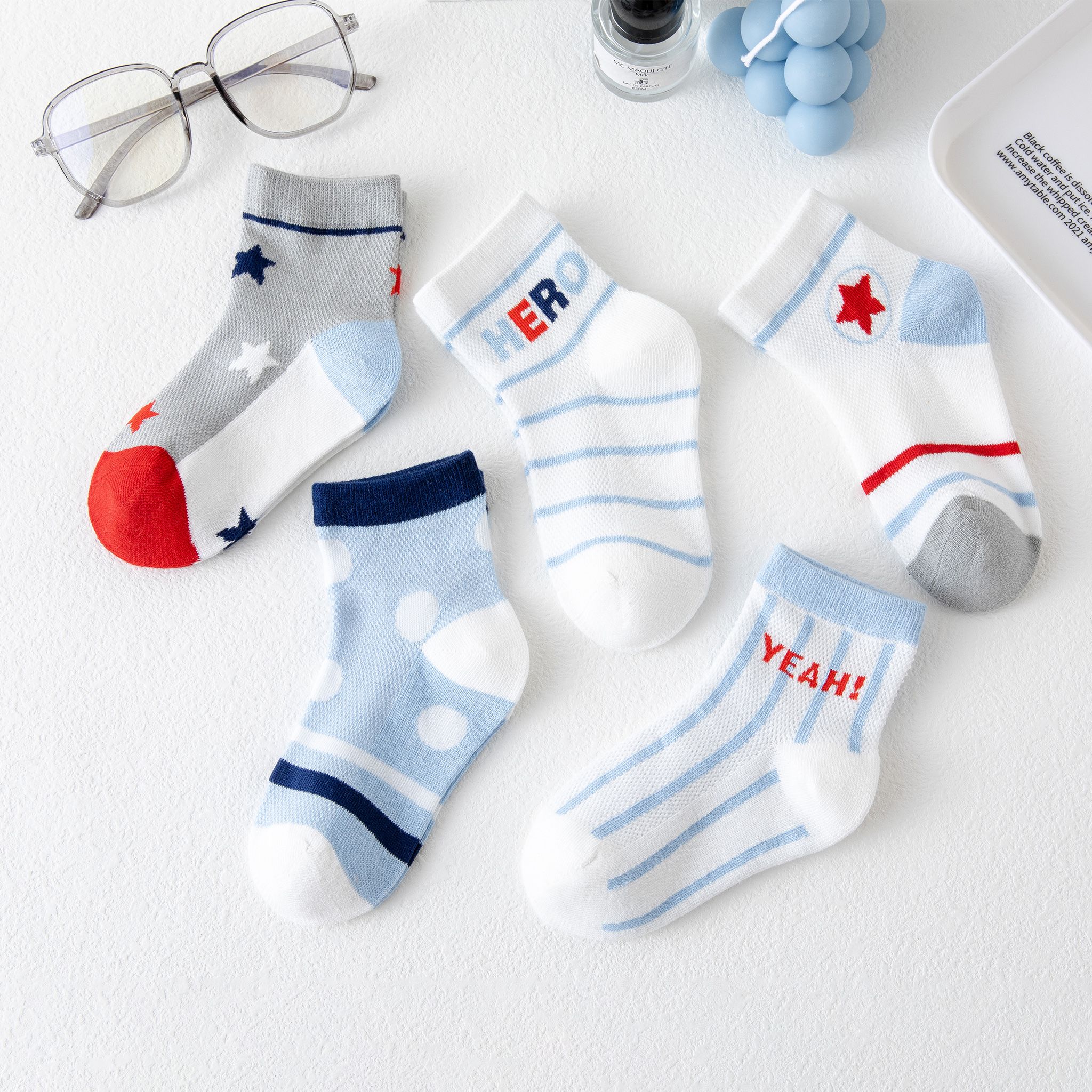 5 Pairs Toddler/Kid Letters Stripe Embroidery Socks