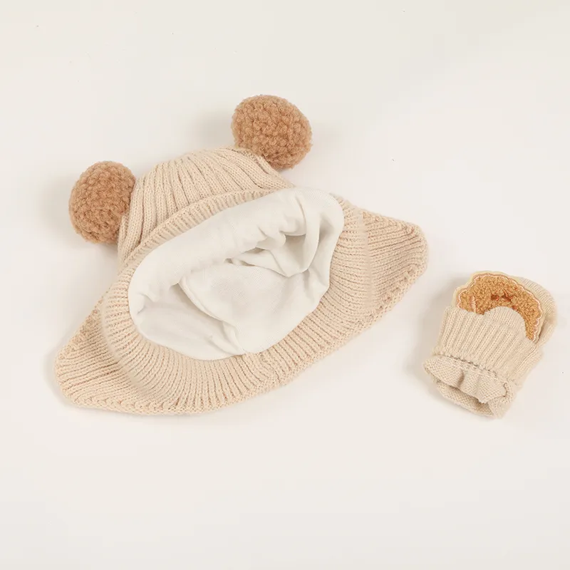 A must-have warm set of woolen ear hats and gloves for Baby/toddler in winter Beige image 5