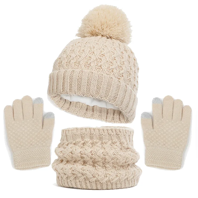 Ensemble trois pièces chaud et résistant au froid pour bébé/tout-petit, chapeau de laine tricoté, foulard et gants Beige big image 1