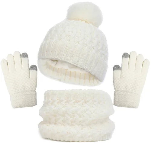 Conjunto de três peças quente e à prova de frio para bebês/crianças no inverno, chapéu de lã de malha, lenço no pescoço e luvas