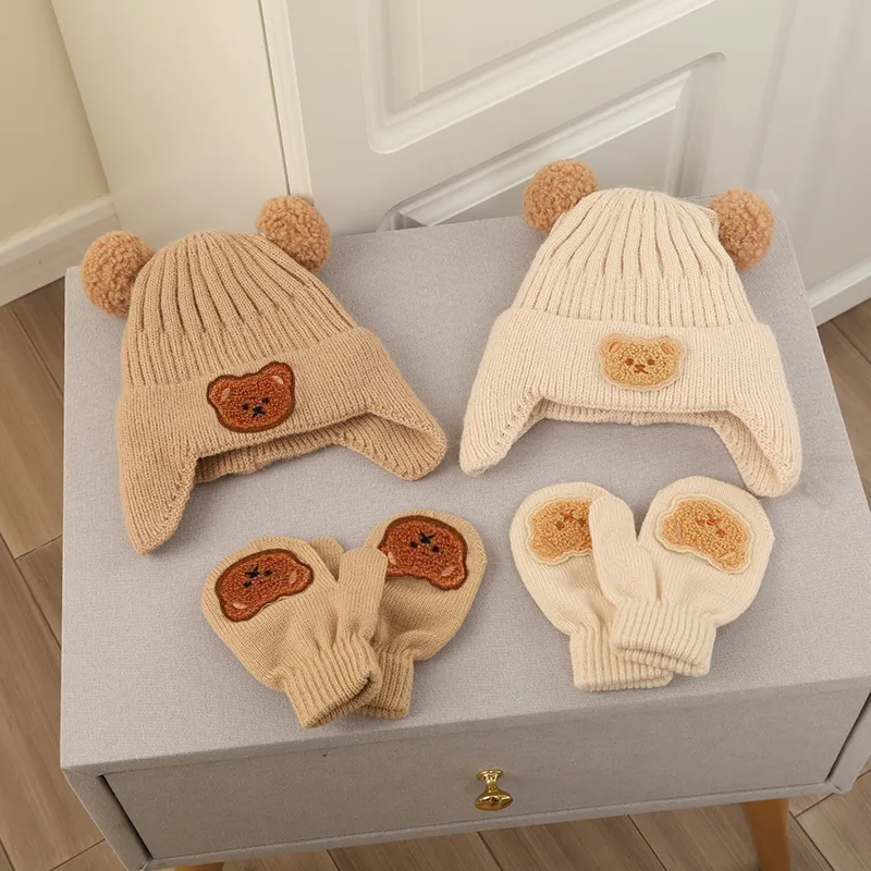 A must-have warm set of woolen ear hats and gloves for Baby/toddler in winter Beige image 2