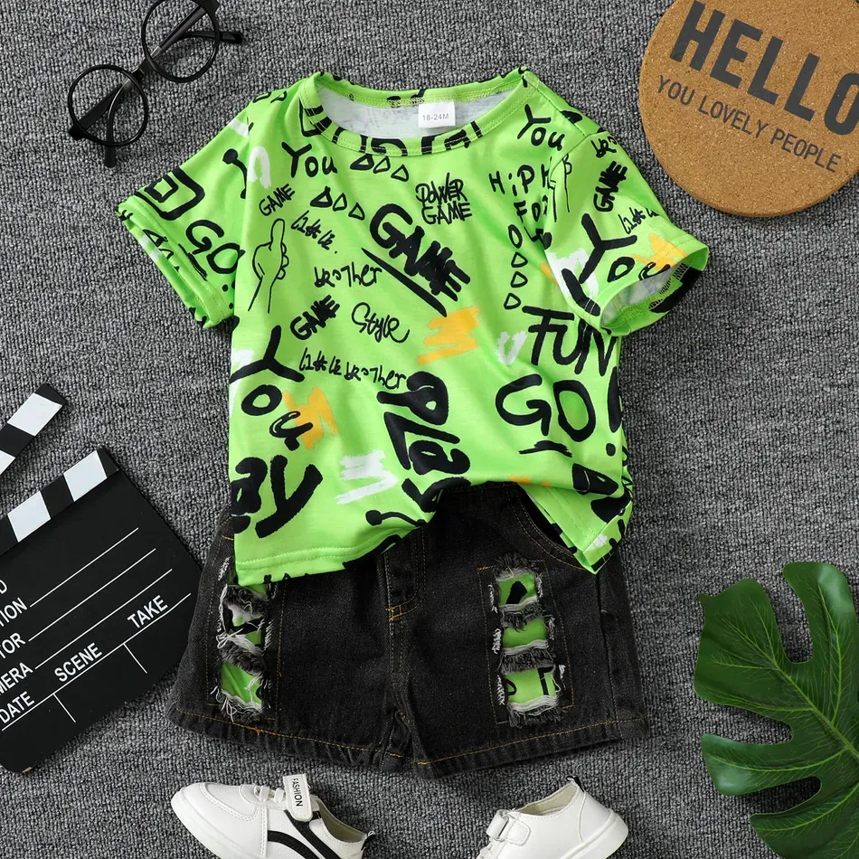 2pcs Kid Boy Letter Print Short-sleeve Tee and Ripped Denim Shorts Set 